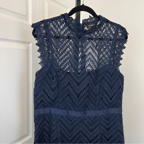 NWT BARDOT Solid Navy Blue Lace Mock Neck Lined Sheath Dress - Picture 2 of 6